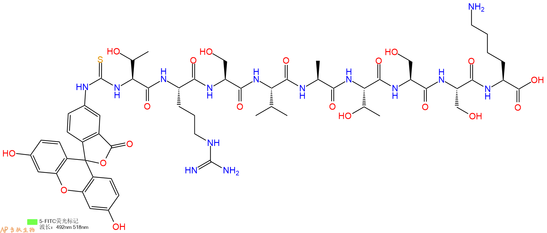 专肽生物产品5FITC-Thr-Arg-Ser-Val-Ala-Thr-Ser-Ser-Lys-OH