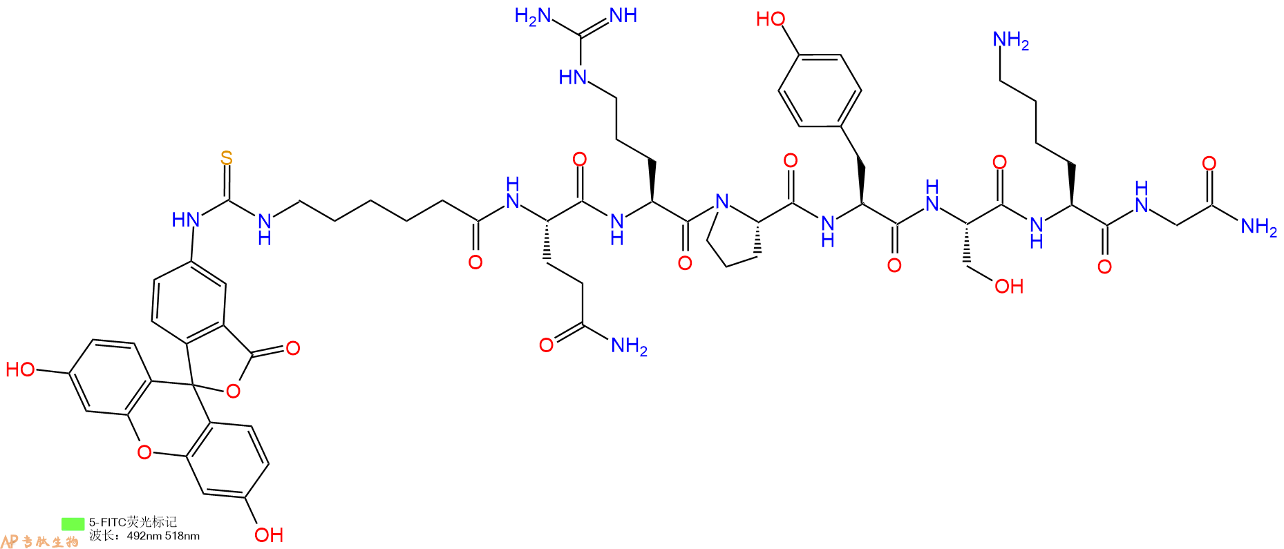 专肽生物产品5FITC-Ahx-Gln-Arg-Pro-Tyr-Ser-Lys-Gly-NH2