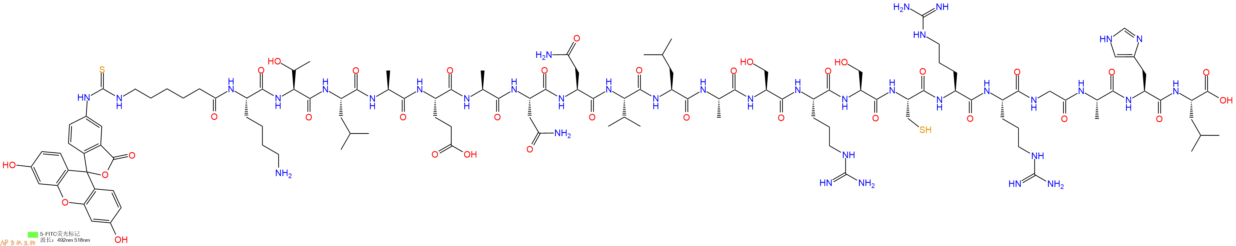 专肽生物产品5FITC-Ahx-Lys-Thr-Leu-Ala-Glu-Ala-Asn-Asn-Val-Leu-Ala-Ser-Arg-Ser-Cys-Arg-Arg-Gly-Ala-His-Leu-OH