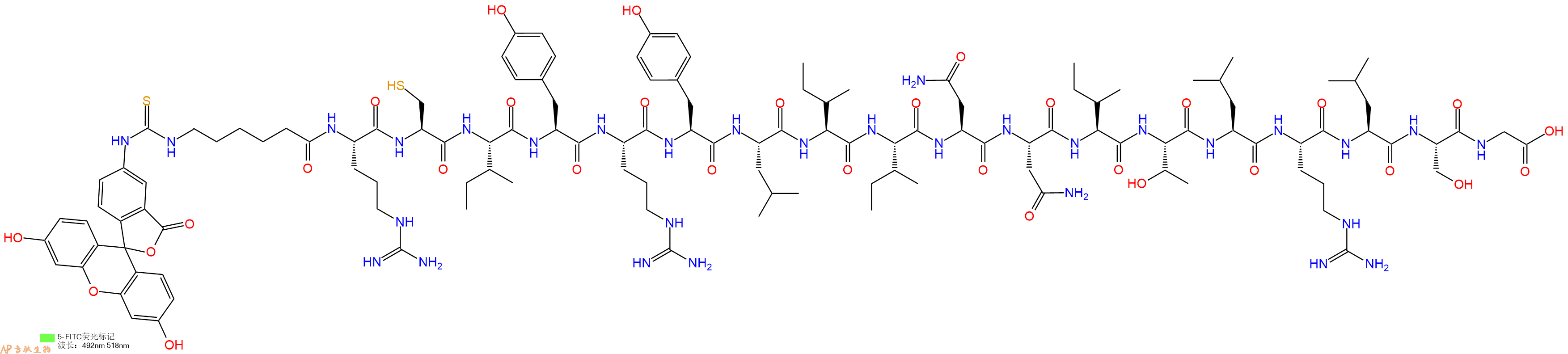 专肽生物产品5FITC-Ahx-Arg-Cys-Ile-Tyr-Arg-Tyr-Leu-Ile-Ile-Asn-Asn-Ile-Thr-Leu-Arg-Leu-Ser-Gly-OH