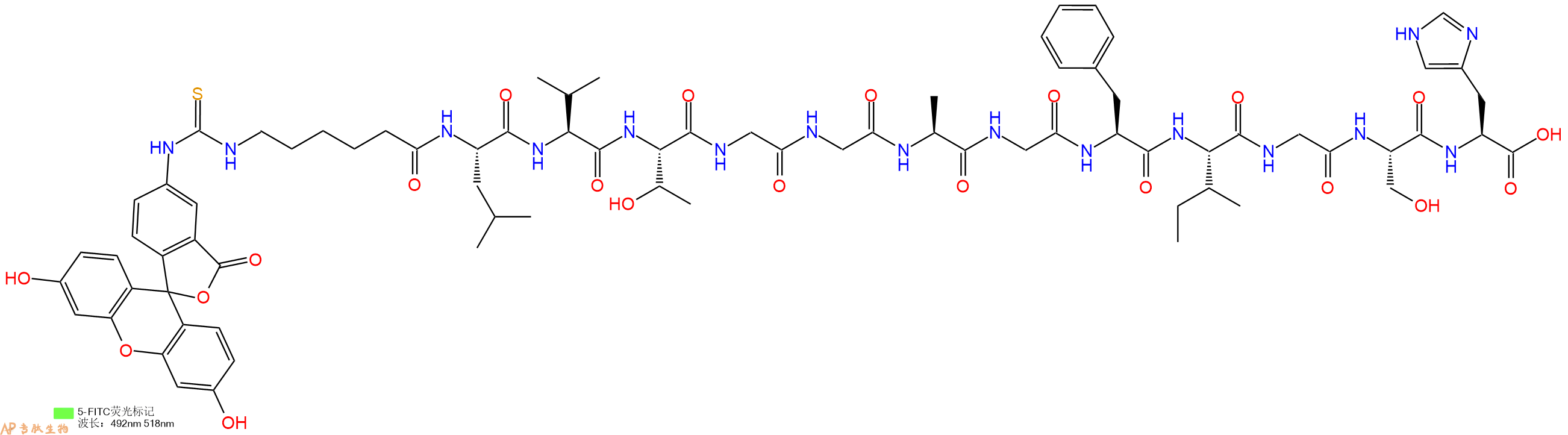 专肽生物产品5FITC-Ahx-Leu-Val-Thr-Gly-Gly-Ala-Gly-Phe-Ile-Gly-Ser-His-OH