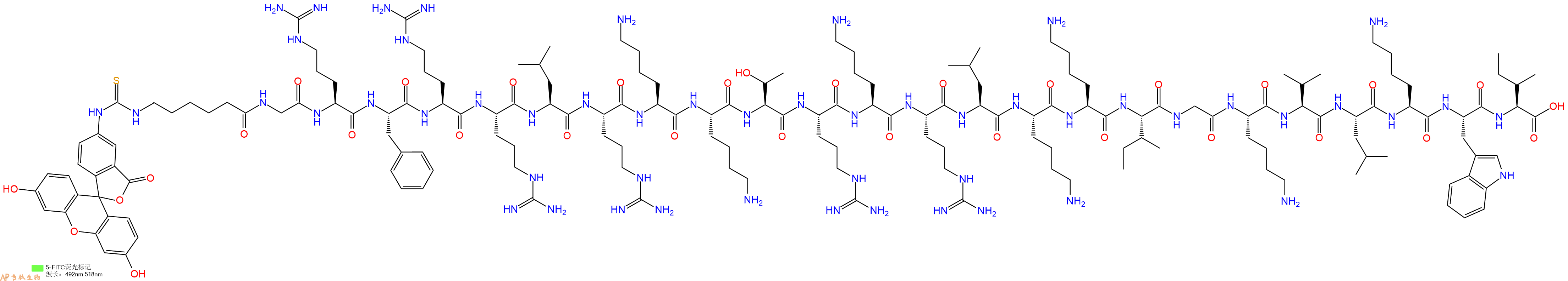 专肽生物产品5FITC-Ahx-Gly-Arg-Phe-Arg-Arg-Leu-Arg-Lys-Lys-Thr-Arg-Lys-Arg-Leu-Lys-Lys-Ile-Gly-Lys-Val-Leu-Lys-Trp-Ile-OH