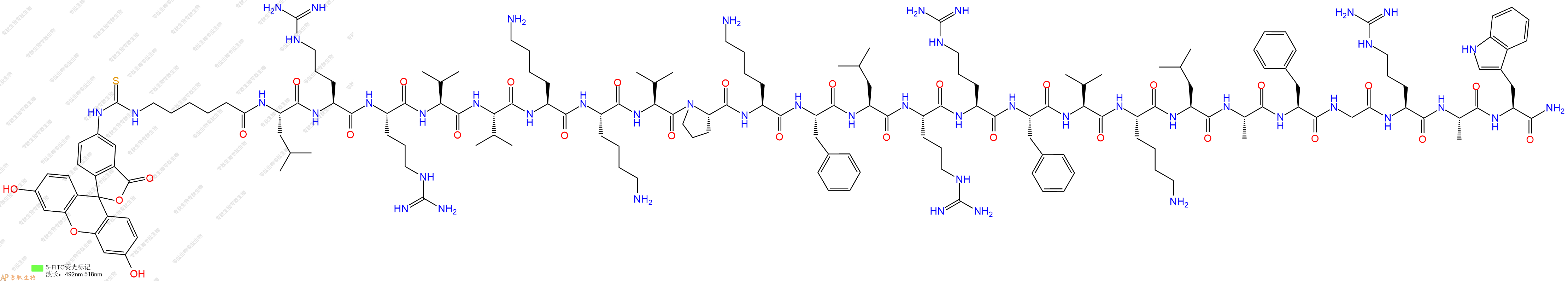 专肽生物产品5FITC-Ahx-Leu-Arg-Arg-Val-Val-Lys-Lys-Val-Pro-Lys-Phe-Leu-Arg-Arg-Phe-Val-Lys-Leu-Ala-Phe-Gly-Arg-Ala-Trp-NH2