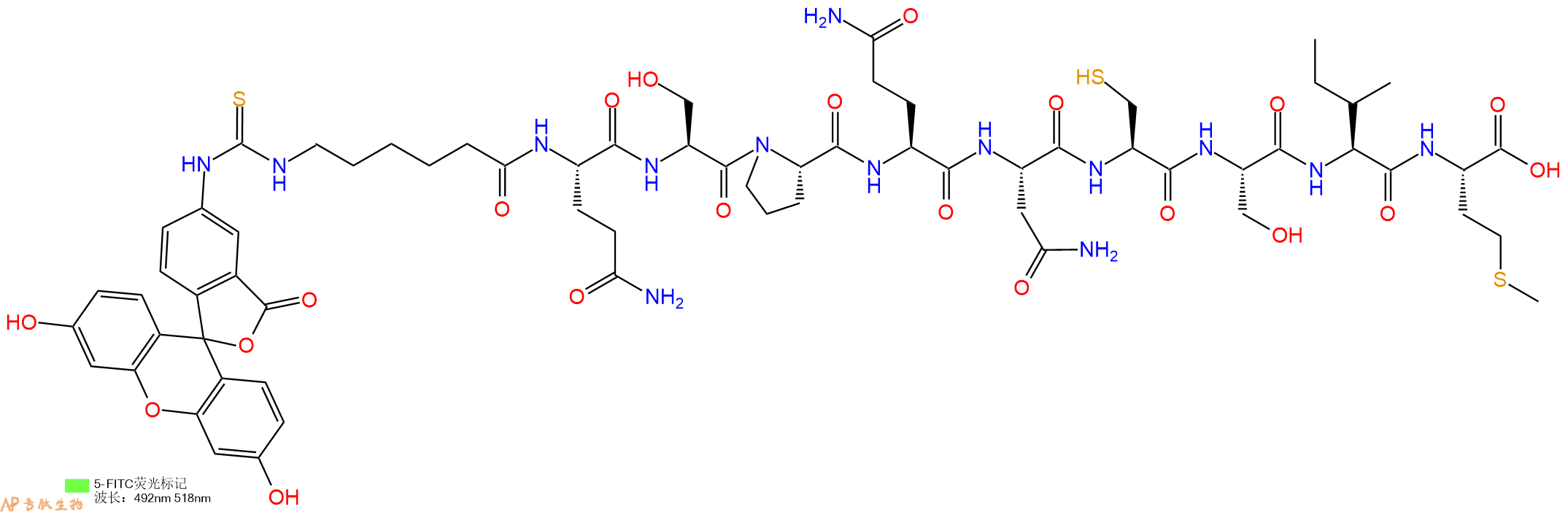 专肽生物产品5FITC-Ahx-Gln-Ser-Pro-Gln-Asn-Cys-Ser-Ile-Met-OH