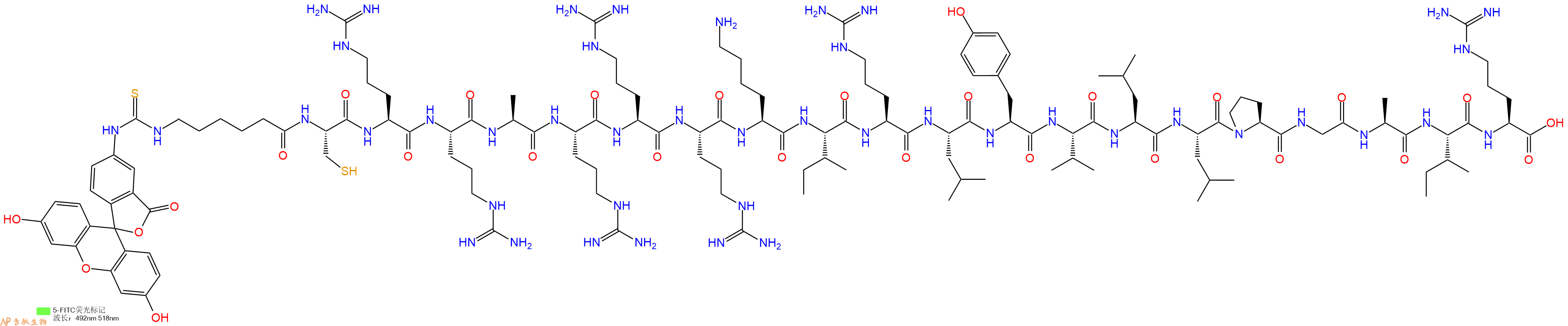 专肽生物产品5FITC-Ahx-Cys-Arg-Arg-Ala-Arg-Arg-Arg-Lys-Ile-Arg-Leu-Tyr-Val-Leu-Leu-Pro-Gly-Ala-Ile-Arg-OH