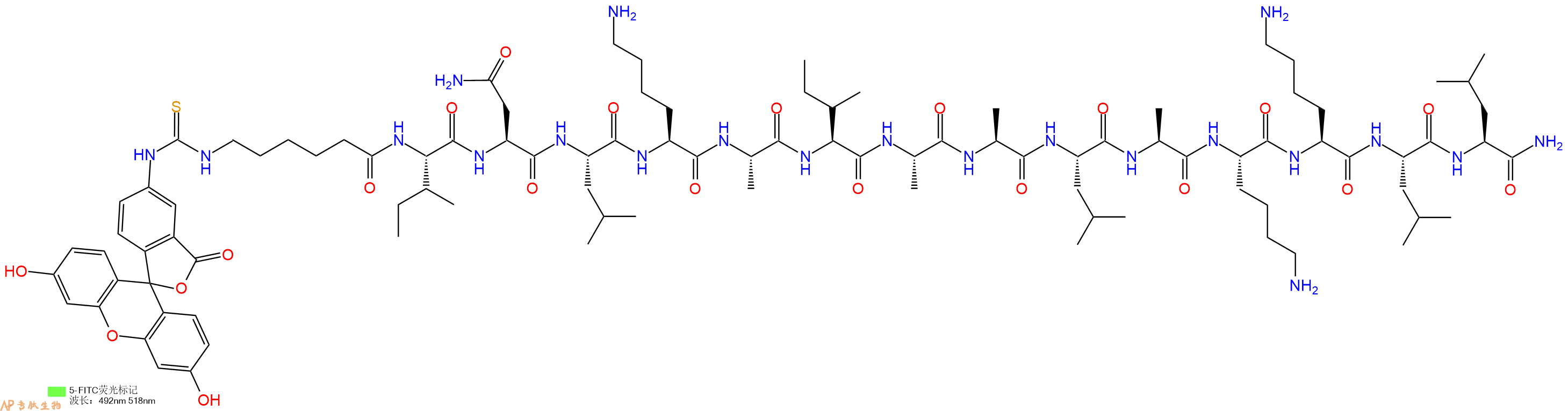 专肽生物产品5FITC-Ahx-Ile-Asn-Leu-Lys-Ala-Ile-Ala-Ala-Leu-Ala-Lys-Lys-Leu-Leu-NH2