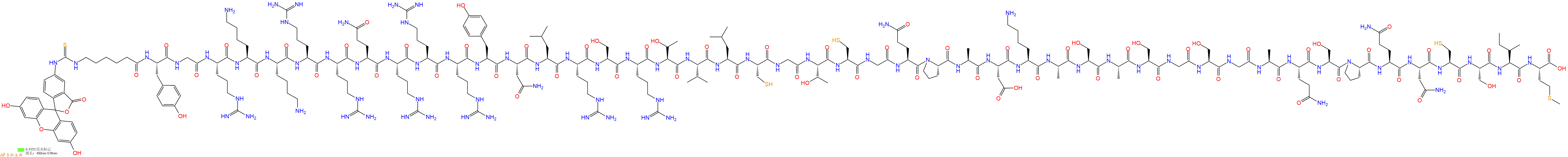 专肽生物产品5FITC-Ahx-Tyr-Gly-Arg-Lys-Lys-Arg-Arg-Gln-Arg-Arg-Arg-Tyr-Asn-Leu-Arg-Ser-Arg-Thr-Val-Leu-Cys-Gly-Thr-Cys-Gly-Gln-Pro-Ala-Asp-Lys-Ala-Ser-Ala-Ser-Gly-Ser-Gly-Ala-Gln-Ser-Pro-Gln-Asn-Cys-Ser-Ile-Met-OH