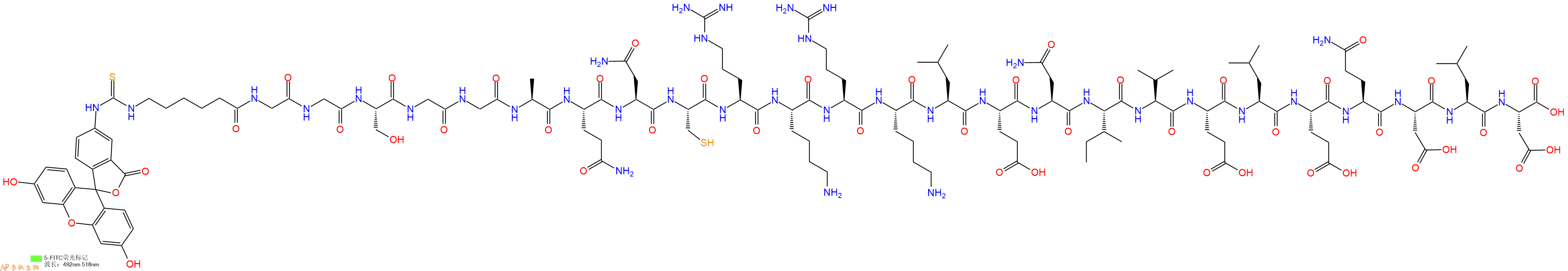 专肽生物产品5FITC-Ahx-Gly-Gly-Ser-Gly-Gly-Ala-Gln-Asn-Cys-Arg-Lys-Arg-Lys-Leu-Glu-Asn-Ile-Val-Glu-Leu-Glu-Gln-Asp-Leu-Asp-OH