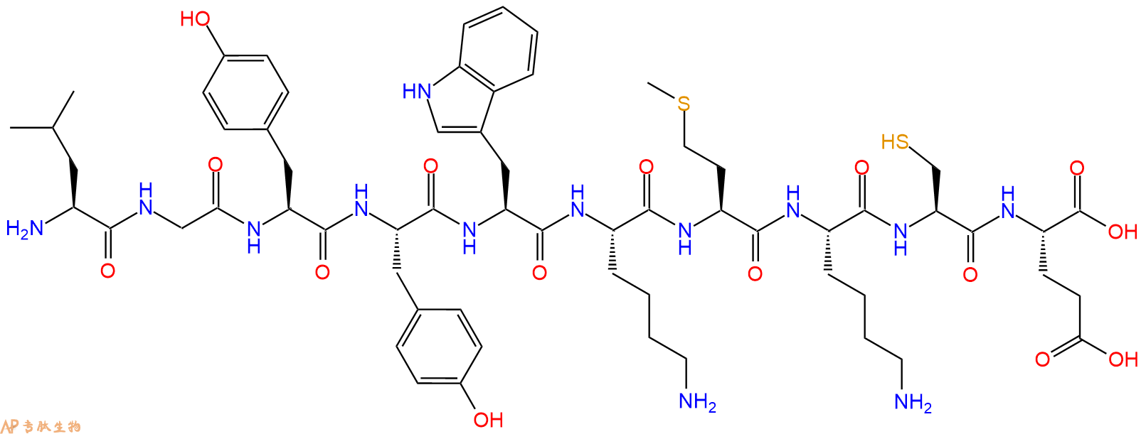 专肽生物产品H2N-Leu-Gly-Tyr-Tyr-Trp-Lys-Met-Lys-Cys-Glu-OH