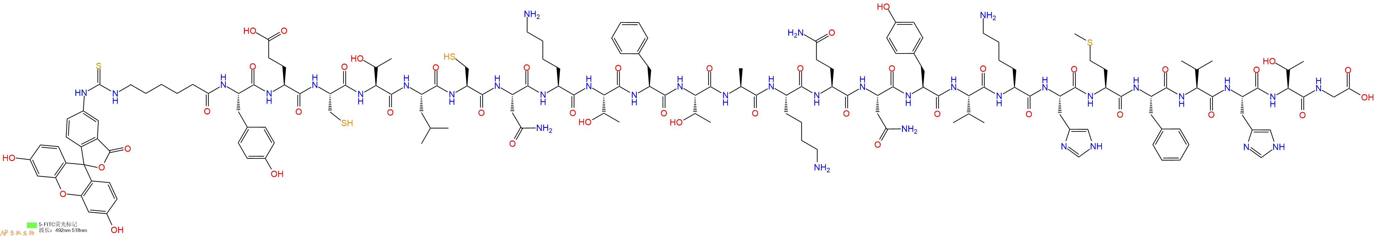 专肽生物产品5FITC-Ahx-Tyr-Glu-Cys-Thr-Leu-Cys-Asn-Lys-Thr-Phe-Thr-Ala-Lys-Gln-Asn-Tyr-Val-Lys-His-Met-Phe-Val-His-Thr-Gly-OH