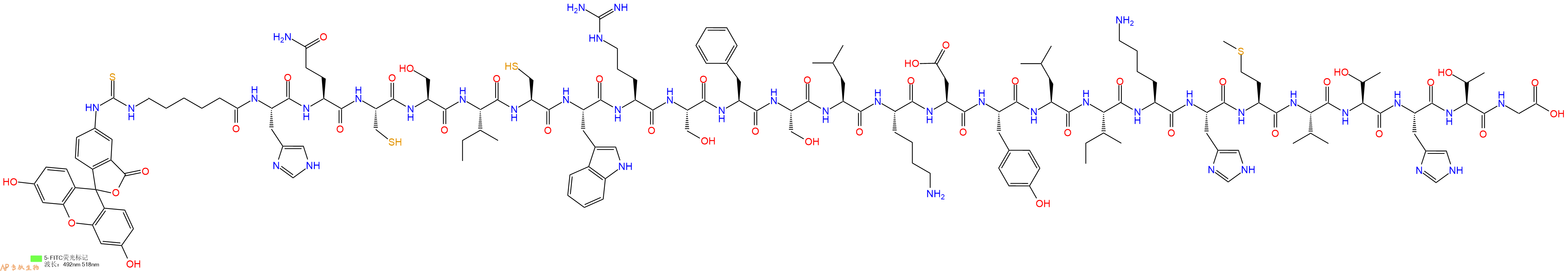专肽生物产品5FITC-Ahx-His-Gln-Cys-Ser-Ile-Cys-Trp-Arg-Ser-Phe-Ser-Leu-Lys-Asp-Tyr-Leu-Ile-Lys-His-Met-Val-Thr-His-Thr-Gly-OH