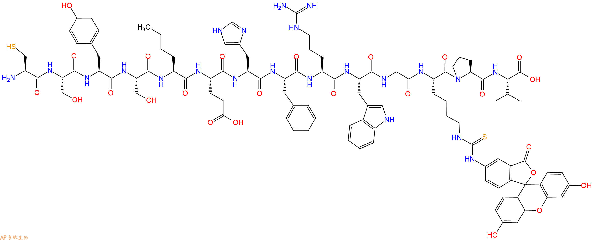 专肽生物产品H2N-Cys-Ser-Tyr-Ser-Nle-Glu-His-Phe-Arg-Trp-Gly-Lys(FITC)-Pro-Val-OH