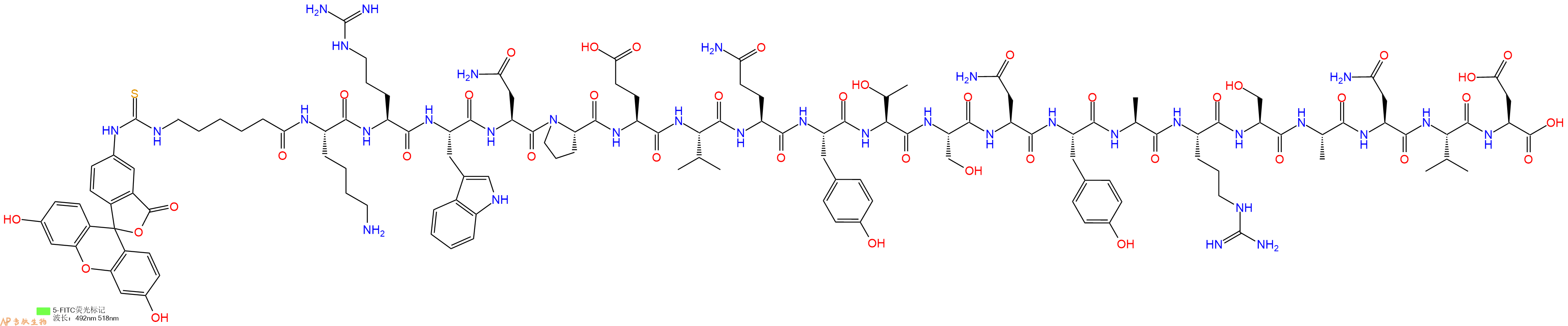 专肽生物产品5FITC-Ahx-Lys-Arg-Trp-Asn-Pro-Glu-Val-Gln-Tyr-Thr-Ser-Asn-Tyr-Ala-Arg-Ser-Ala-Asn-Val-Asp-OH