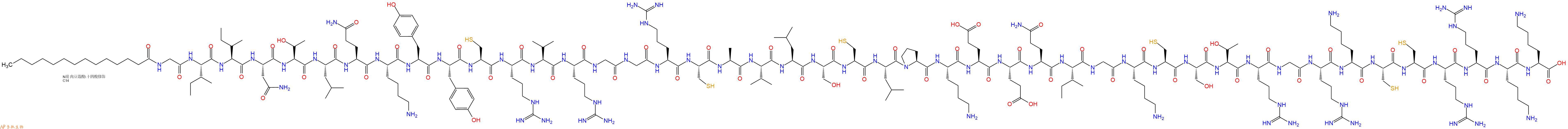 专肽生物产品Myristicacid-Gly-Ile-Ile-Asn-Thr-Leu-Gln-Lys-Tyr-Tyr-Cys-Arg-Val-Arg-Gly-Gly-Arg-Cys-Ala-Val-Leu-Ser-Cys-Leu-Pro-Lys-Glu-Glu-Gln-Ile-Gly-Lys-Cys-Ser-Thr-Arg-Gly-Arg-Lys-Cys-Cys-Arg-Arg-Lys-Lys-OH