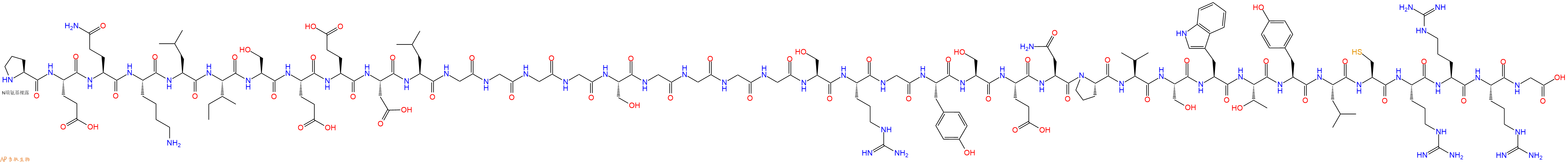 专肽生物产品H2N-Pro-Glu-Gln-Lys-Leu-Ile-Ser-Glu-Glu-Asp-Leu-Gly-Gly-Gly-Gly-Ser-Gly-Gly-Gly-Gly-Ser-Arg-Gly-Tyr-Ser-Glu-Asn-Pro-Val-Ser-Trp-Thr-Tyr-Leu-Cys-Arg-Arg-Arg-Gly-OH