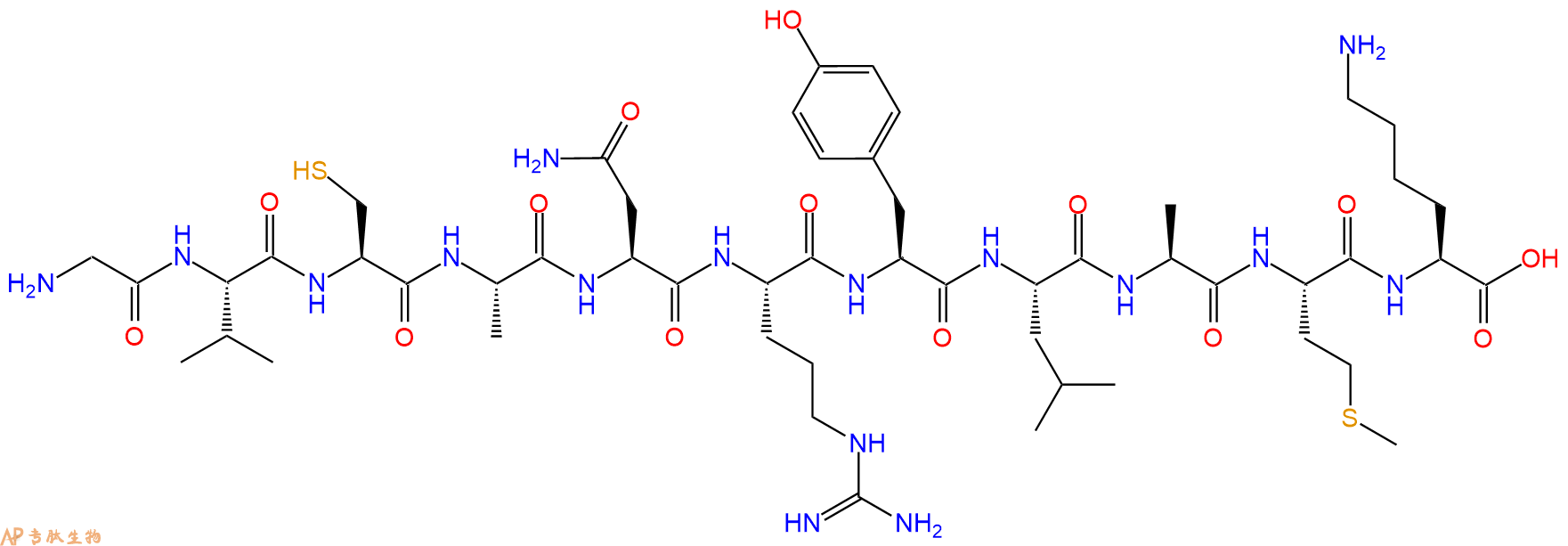 专肽生物产品H2N-Gly-Val-Cys-Ala-Asn-Arg-Tyr-Leu-Ala-Met-Lys-OH