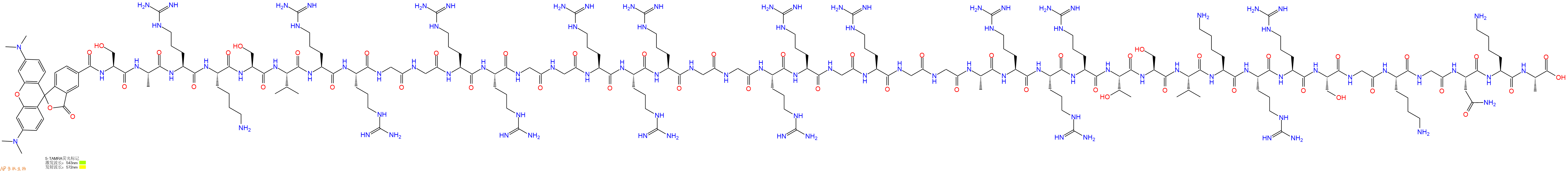专肽生物产品5TAMRA-Ser-Ala-Arg-Lys-Ser-Val-Arg-Arg-Gly-Gly-Arg-Arg-Gly-Gly-Arg-Arg-Arg-Gly-Gly-Arg-Arg-Gly-Arg-Gly-Gly-Ala-Arg-Arg-Arg-Thr-Ser-Val-Lys-Arg-Arg-Ser-Gly-Lys-Gly-Asn-Lys-Ala-OH
