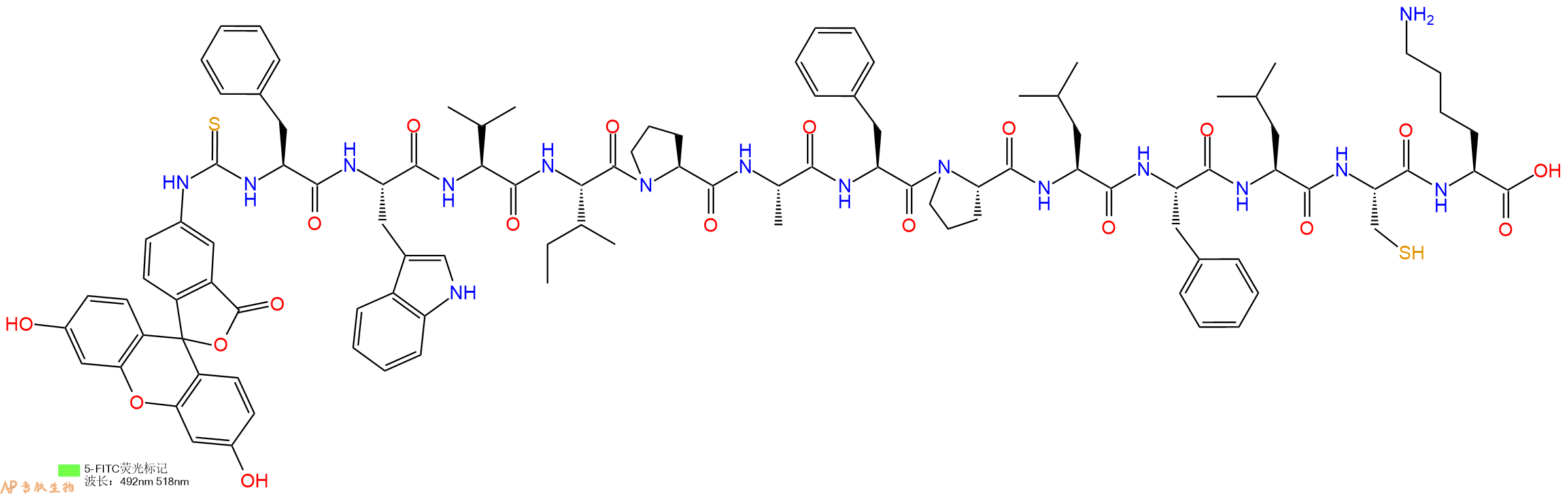 专肽生物产品5FITC-Phe-Trp-Val-Ile-Pro-Ala-Phe-Pro-Leu-Phe-Leu-Cys-Lys-OH