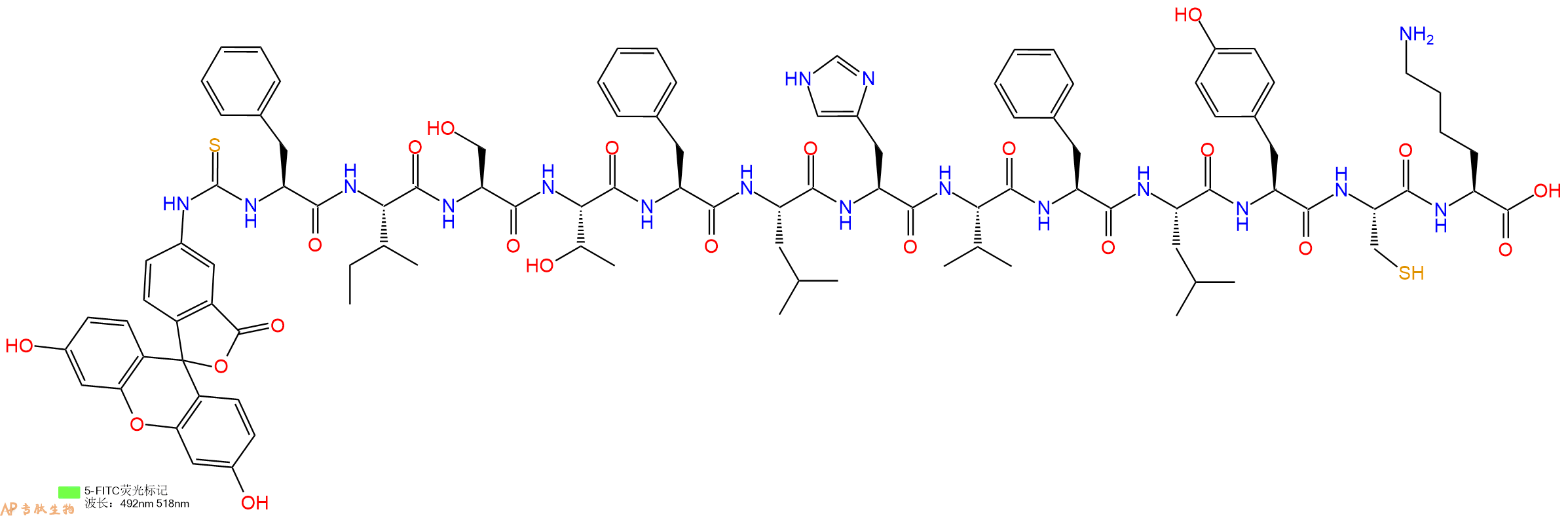 专肽生物产品5FITC-Phe-Ile-Ser-Thr-Phe-Leu-His-Val-Phe-Leu-Tyr-Cys-Lys-OH