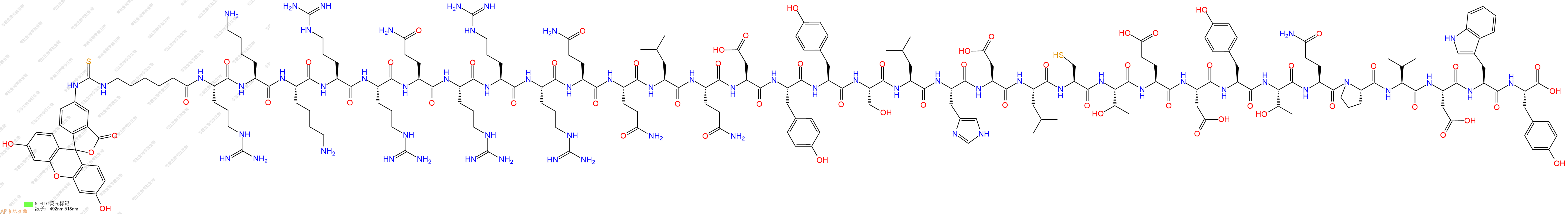 专肽生物产品5FITC-Ahx-Arg-Lys-Lys-Arg-Arg-Gln-Arg-Arg-Arg-Gln-Gln-Leu-Gln-Asp-Tyr-Tyr-Ser-Leu-His-Asp-Leu-Cys-Thr-Glu-Asp-Tyr-Thr-Gln-Pro-Val-Asp-Trp-Tyr-OH