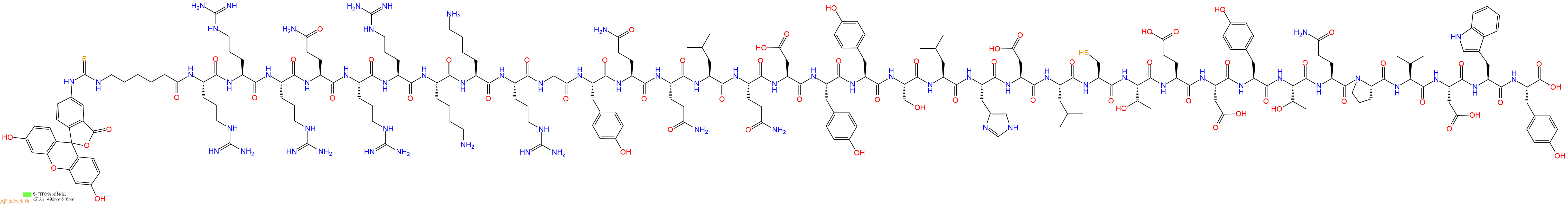 专肽生物产品5FITC-Ahx-Arg-Arg-Arg-Gln-Arg-Arg-Lys-Lys-Arg-Gly-Tyr-Gln-Gln-Leu-Gln-Asp-Tyr-Tyr-Ser-Leu-His-Asp-Leu-Cys-Thr-Glu-Asp-Tyr-Thr-Gln-Pro-Val-Asp-Trp-Tyr-OH