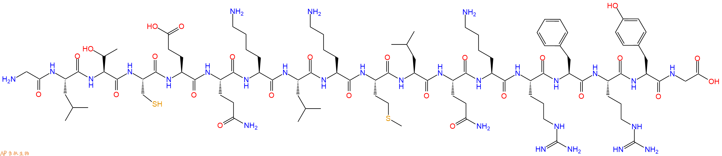 专肽生物产品H2N-Gly-Leu-Thr-Cys-Glu-Gln-Lys-Leu-Lys-Met-Leu-Gln-Lys-Arg-Phe-Arg-Tyr-Gly-OH