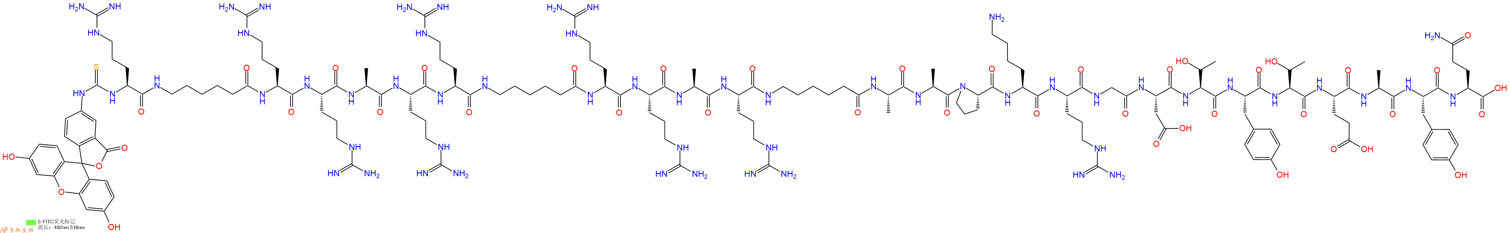 专肽生物产品5FITC-Arg-Ahx-Arg-Arg-Ala-Arg-Arg-Ahx-Arg-Arg-Ala-Arg-Ahx-Ala-Ala-Pro-Lys-Arg-Gly-Asp-Thr-Tyr-Thr-Glu-Ala-Tyr-Gln-OH