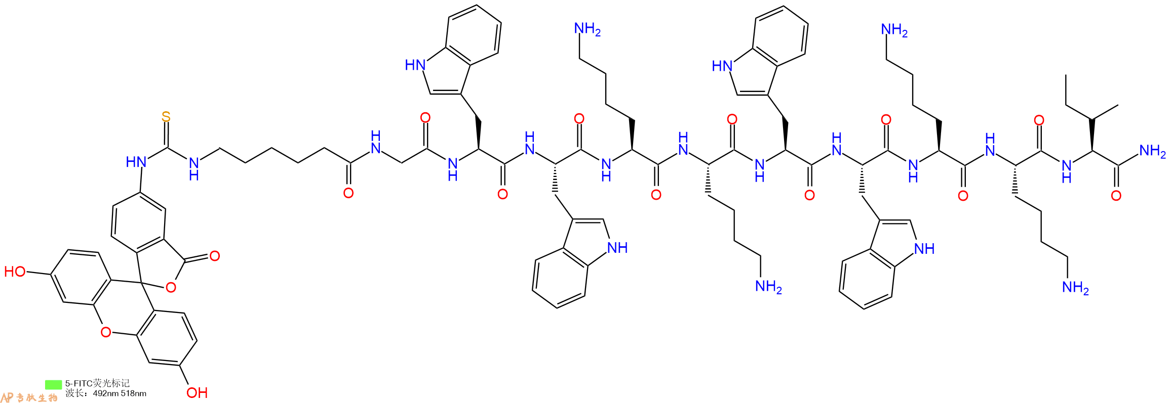 专肽生物产品5FITC-Ahx-Gly-Trp-Trp-Lys-Lys-Trp-Trp-Lys-Lys-Ile-NH2
