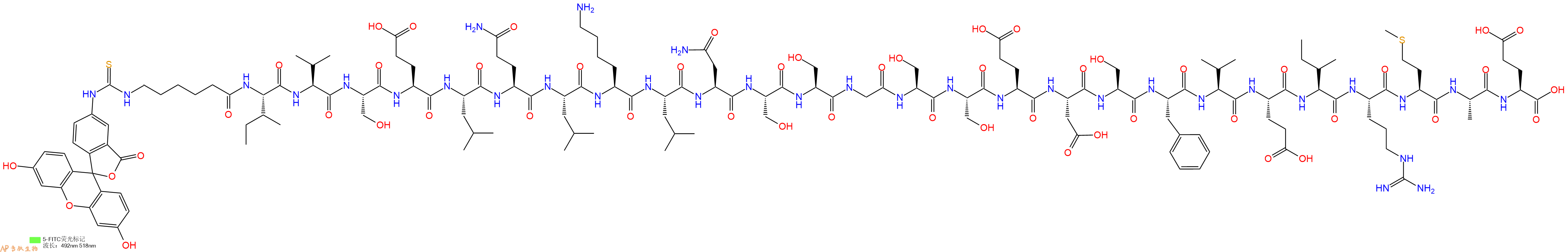 专肽生物产品5FITC-Ahx-Ile-Val-Ser-Glu-Leu-Gln-Leu-Lys-Leu-Asn-Ser-Ser-Gly-Ser-Ser-Glu-Asp-Ser-Phe-Val-Glu-Ile-Arg-Met-Ala-Glu-OH