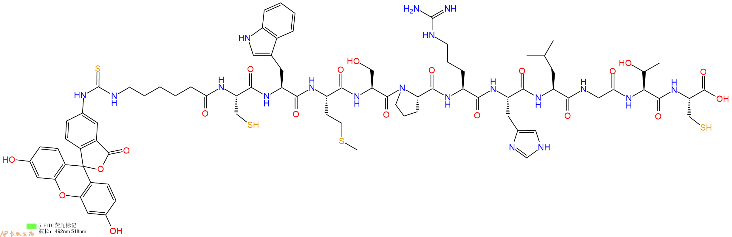 专肽生物产品5FITC-Ahx-Cys-Trp-Met-Ser-Pro-Arg-His-Leu-Gly-Thr-Cys-OH