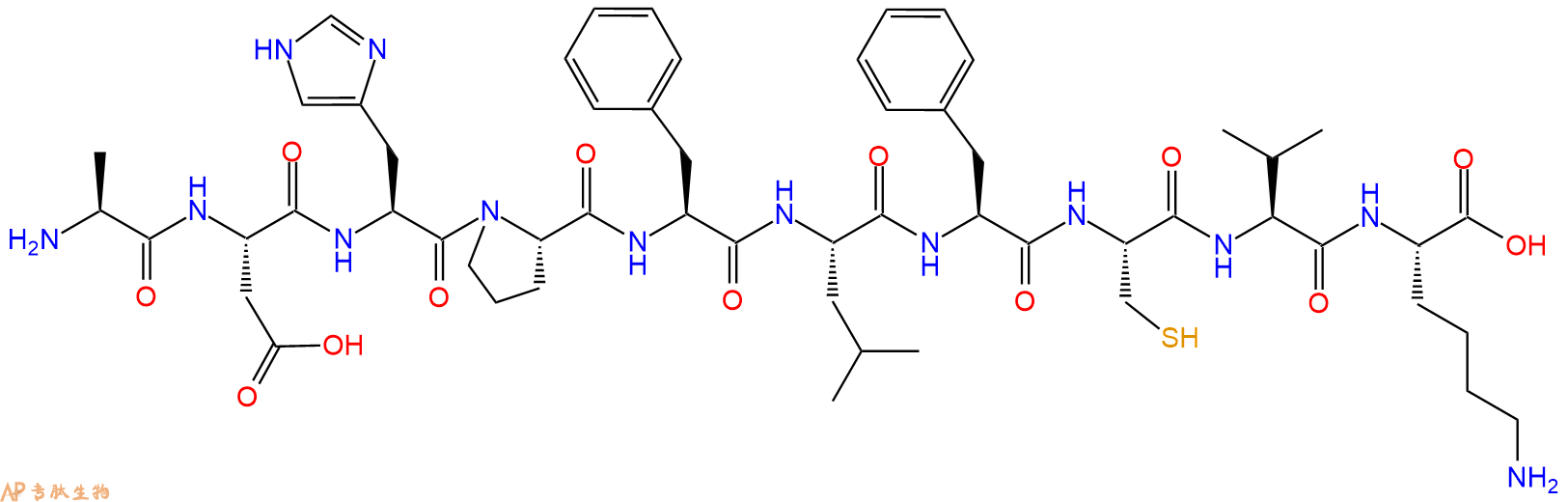 专肽生物产品H2N-Ala-Asp-His-Pro-Phe-Leu-Phe-Cys-Val-Lys-OH