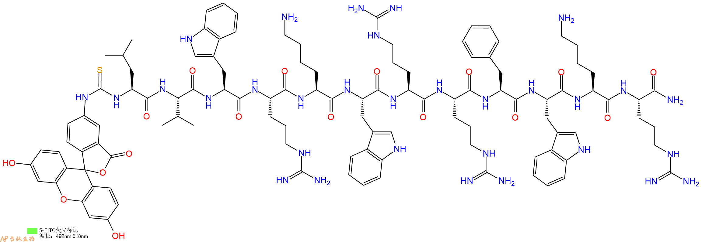 专肽生物产品5FITC-Leu-Val-Trp-Arg-Lys-Trp-Arg-Arg-Phe-Trp-Lys-Arg-NH2