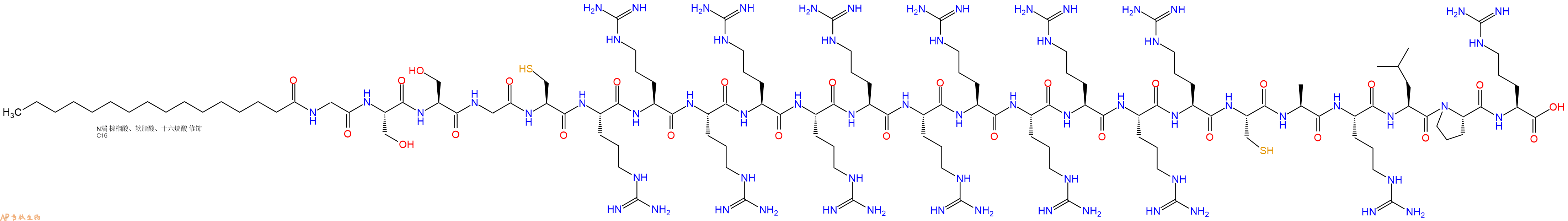 专肽生物产品Palmiticacid-Gly-Ser-Ser-Gly-Cys-Arg-Arg-Arg-Arg-Arg-Arg-Arg-Arg-Arg-Arg-Arg-Arg-Cys-Ala-Arg-Leu-Pro-Arg-OH