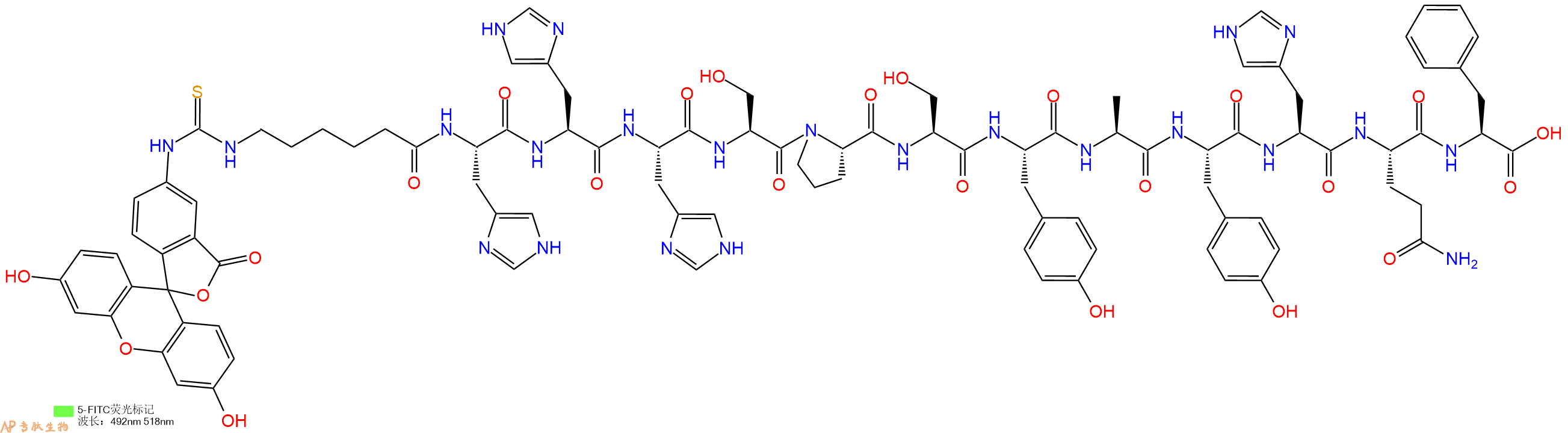 专肽生物产品5FITC-Ahx-His-His-His-Ser-Pro-Ser-Tyr-Ala-Tyr-His-Gln-Phe-OH