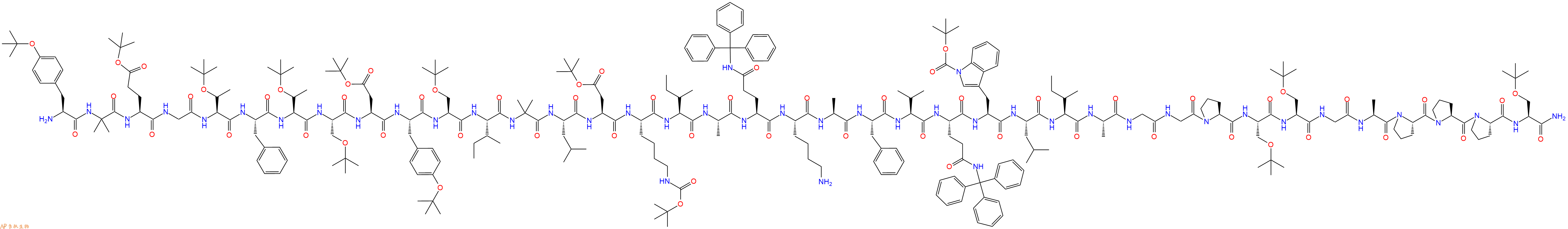 专肽生物产品H2N-Tyr(tBu)-Aib-Glu(OtBu)-Gly-Thr(tBu)-Phe-Thr(tBu)-Ser(tBu)-Asp(OtBu)-Tyr(tBu)-Ser(tBu)-Ile-Aib-Leu-Asp(OtBu)-Lys(Boc)-Ile-Ala-Gln(Trt)-Lys-Ala-Phe-Val-Gln(Trt)-Trp(Boc)-Leu-Ile-Ala-Gly-Gly-Pro-Ser(tBu)-Ser(tBu)-Gly-Ala-Pro-Pro-Pro-Ser(tBu)-CONH2