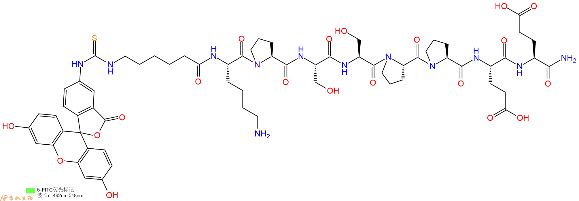 专肽生物产品5FITC-Ahx-Lys-Pro-Ser-Ser-Pro-Pro-Glu-Glu-CONH2