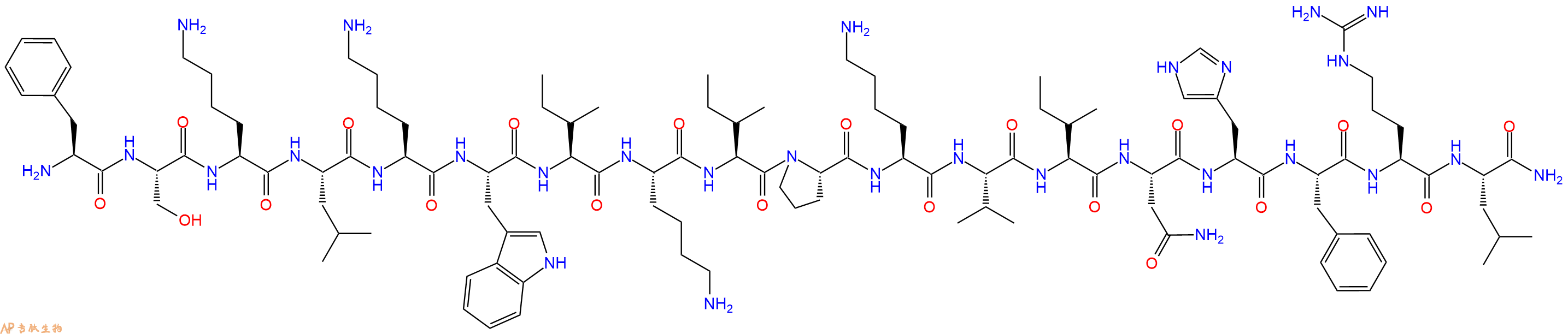 专肽生物产品H2N-Phe-Ser-Lys-Leu-Lys-Trp-Ile-Lys-Ile-Pro-Lys-Val-Ile-Asn-His-Phe-Arg-Leu-CONH2