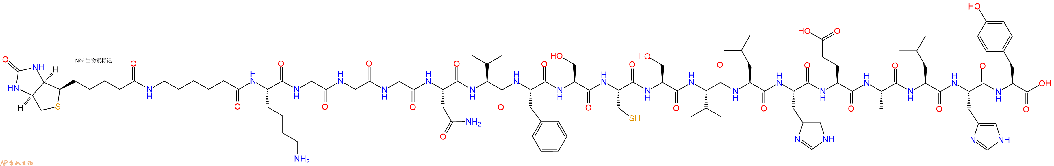 专肽生物产品Biotinyl-Ahx-Lys-Gly-Gly-Gly-Asn-Val-Phe-Ser-Cys-Ser-Val-Leu-His-Glu-Ala-Leu-His-Tyr-OH
