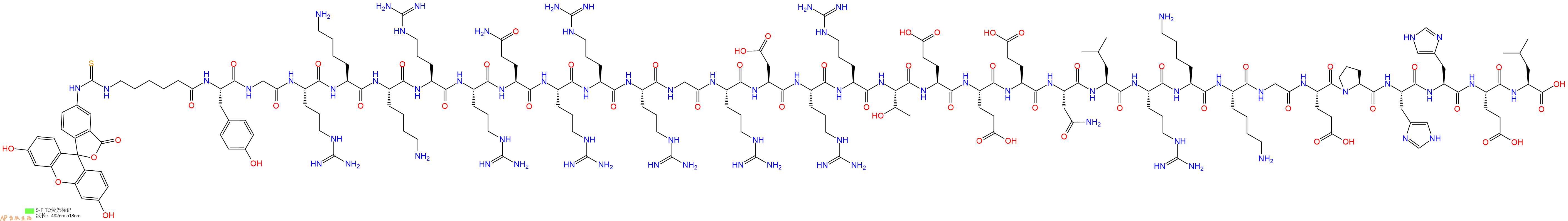 专肽生物产品5FITC-Ahx-Tyr-Gly-Arg-Lys-Lys-Arg-Arg-Gln-Arg-Arg-Arg-Gly-Arg-Asp-Arg-Arg-Thr-Glu-Glu-Glu-Asn-Leu-Arg-Lys-Lys-Gly-Glu-Pro-His-His-Glu-Leu-OH