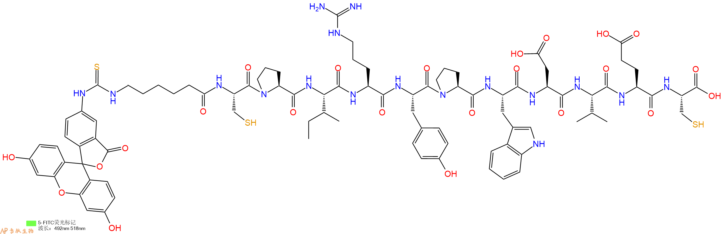 专肽生物产品5FITC-Ahx-Cys-Pro-Ile-Arg-Tyr-Pro-Trp-Asp-Val-Glu-Cys-OH