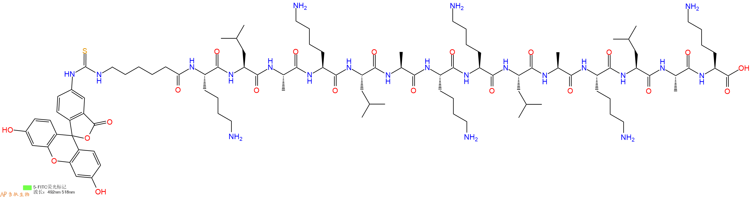 专肽生物产品5FITC-Ahx-Lys-Leu-Ala-Lys-Leu-Ala-Lys-Lys-Leu-Ala-Lys-Leu-Ala-Lys-OH
