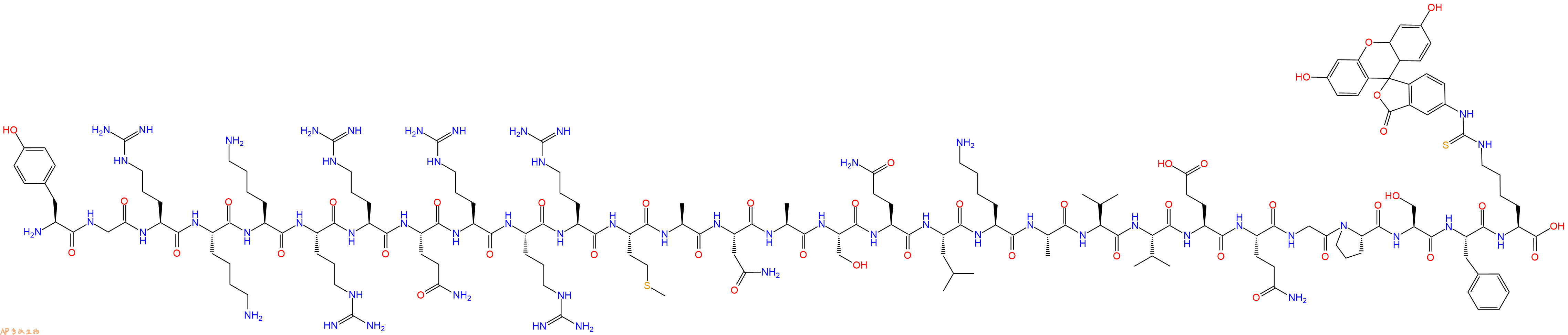 专肽生物产品H2N-Tyr-Gly-Arg-Lys-Lys-Arg-Arg-Gln-Arg-Arg-Arg-Met-Ala-Asn-Ala-Ser-Gln-Leu-Lys-Ala-Val-Val-Glu-Gln-Gly-Pro-Ser-Phe-Lys(FITC)-OH