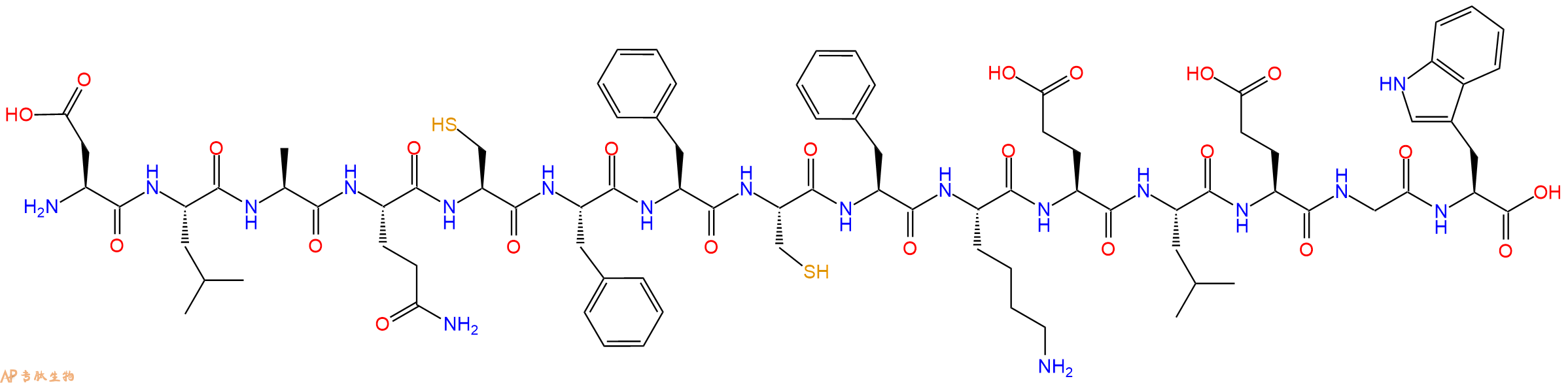 专肽生物产品H2N-Asp-Leu-Ala-Gln-Cys-Phe-Phe-Cys-Phe-Lys-Glu-Leu-Glu-Gly-Trp-OH