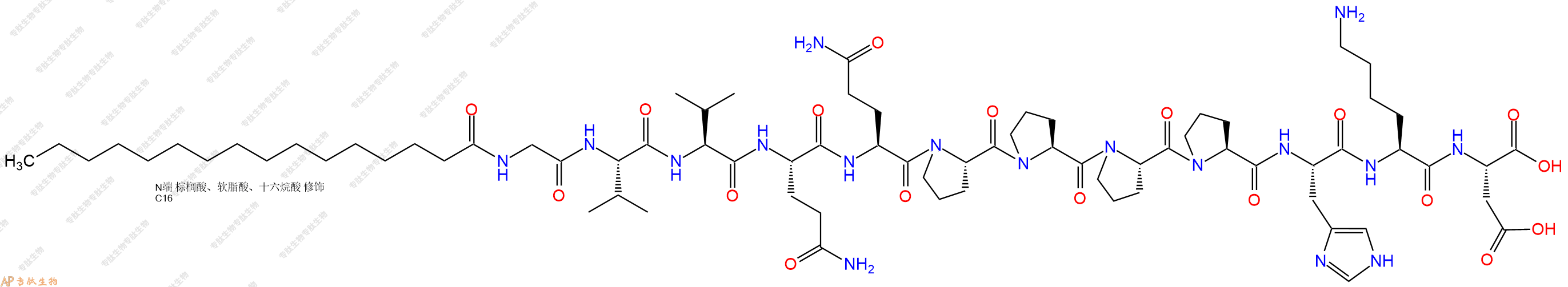 专肽生物产品Palmiticacid-Gly-Val-Val-Gln-Gln-Pro-Pro-Pro-Pro-His-Lys-Asp-OH