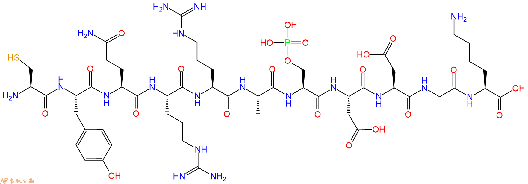 专肽生物产品H2N-Cys-Tyr-Gln-Arg-Arg-Ala-Ser(PO3H2)-Asp-Asp-Gly-Lys-OH