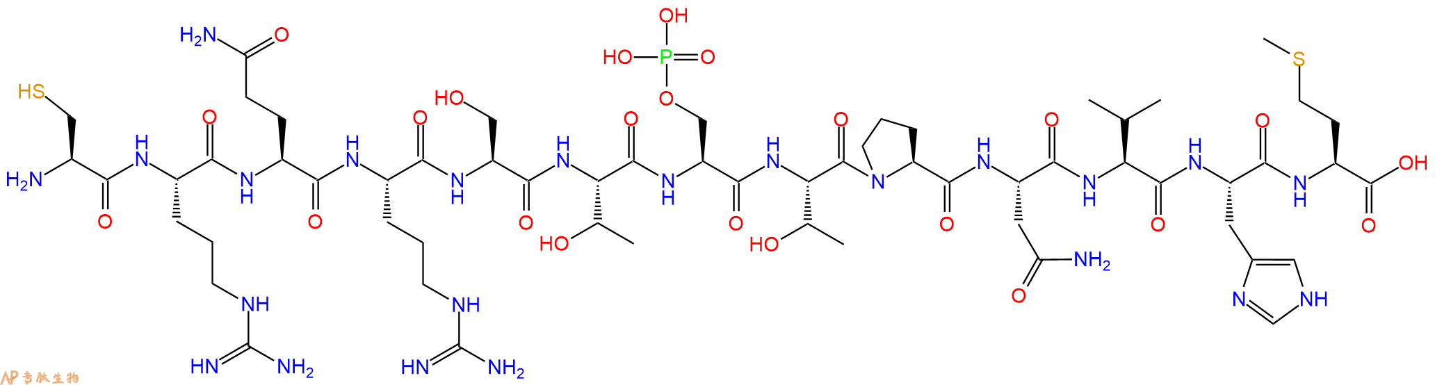 专肽生物产品H2N-Cys-Arg-Gln-Arg-Ser-Thr-Ser(PO3H2)-Thr-Pro-Asn-Val-His-Met-OH