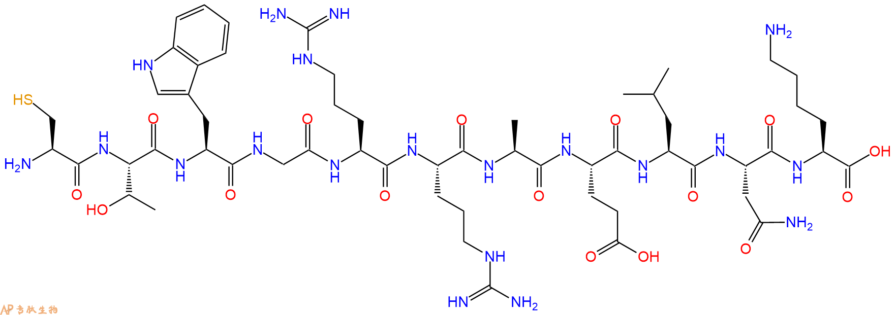专肽生物产品H2N-Cys-Thr-Trp-Gly-Arg-Arg-Ala-Glu-Leu-Asn-Lys-OH