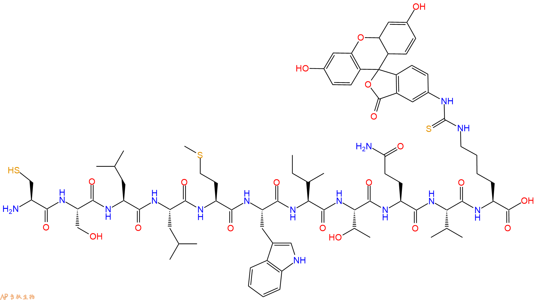 专肽生物产品H2N-Cys-Ser-Leu-Leu-Met-Trp-Ile-Thr-Gln-Val-Lys(FITC)-OH