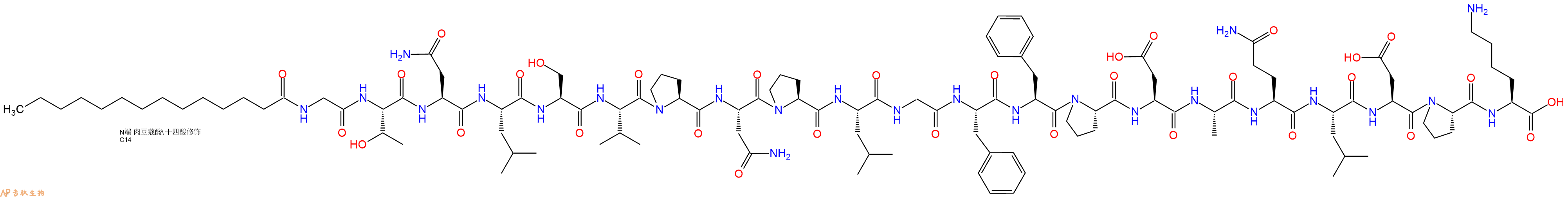 专肽生物产品Myristicacid-Gly-Thr-Asn-Leu-Ser-Val-Pro-Asn-Pro-Leu-Gly-Phe-Phe-Pro-Asp-Ala-Gln-Leu-Asp-Pro-Lys-OH