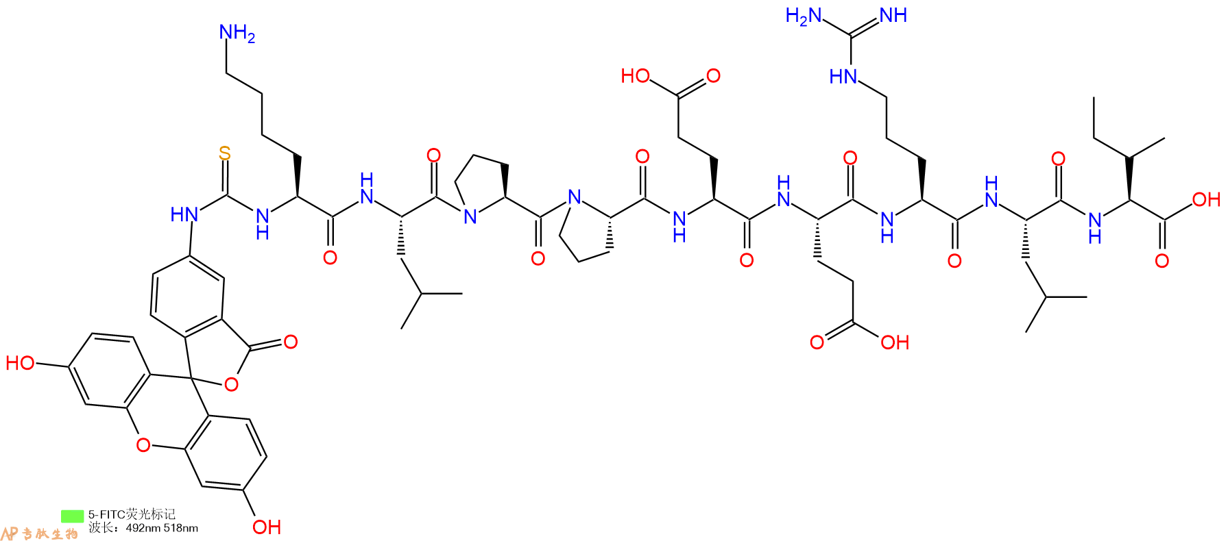 专肽生物产品5FITC-Lys-Leu-Pro-Pro-Glu-Glu-Arg-Leu-Ile-OH